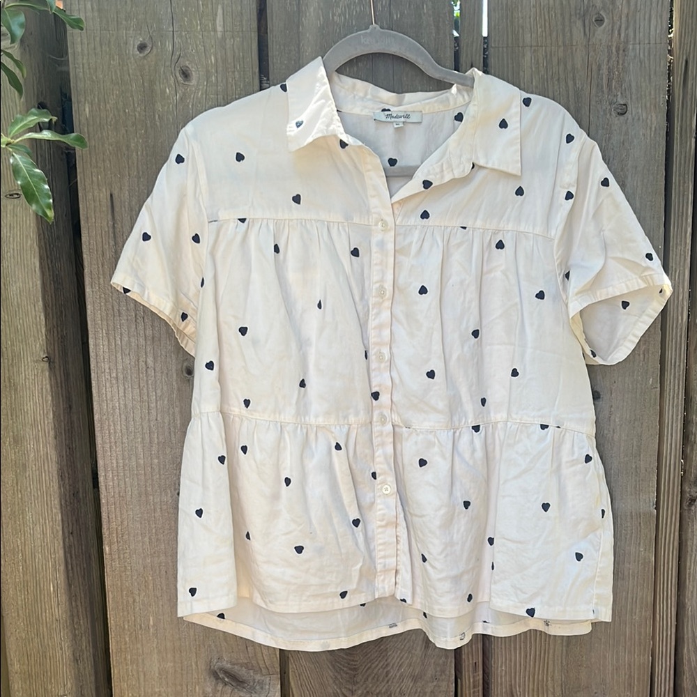 Madewell Cream Heart Embroidered Button-Down Shirt Size XL